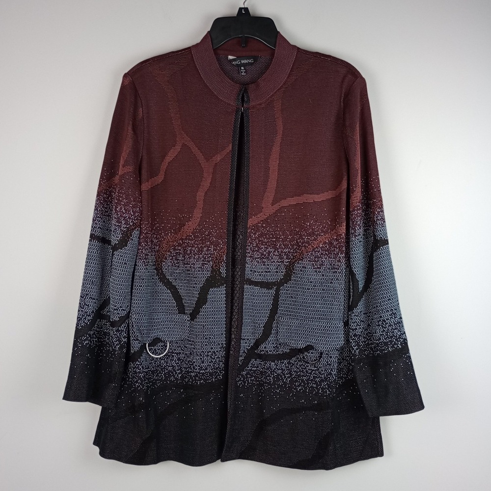 Ming Wang Womens XL Maroon Abstract Knit Mock Neck Hook & Eye Cardigan Jacket